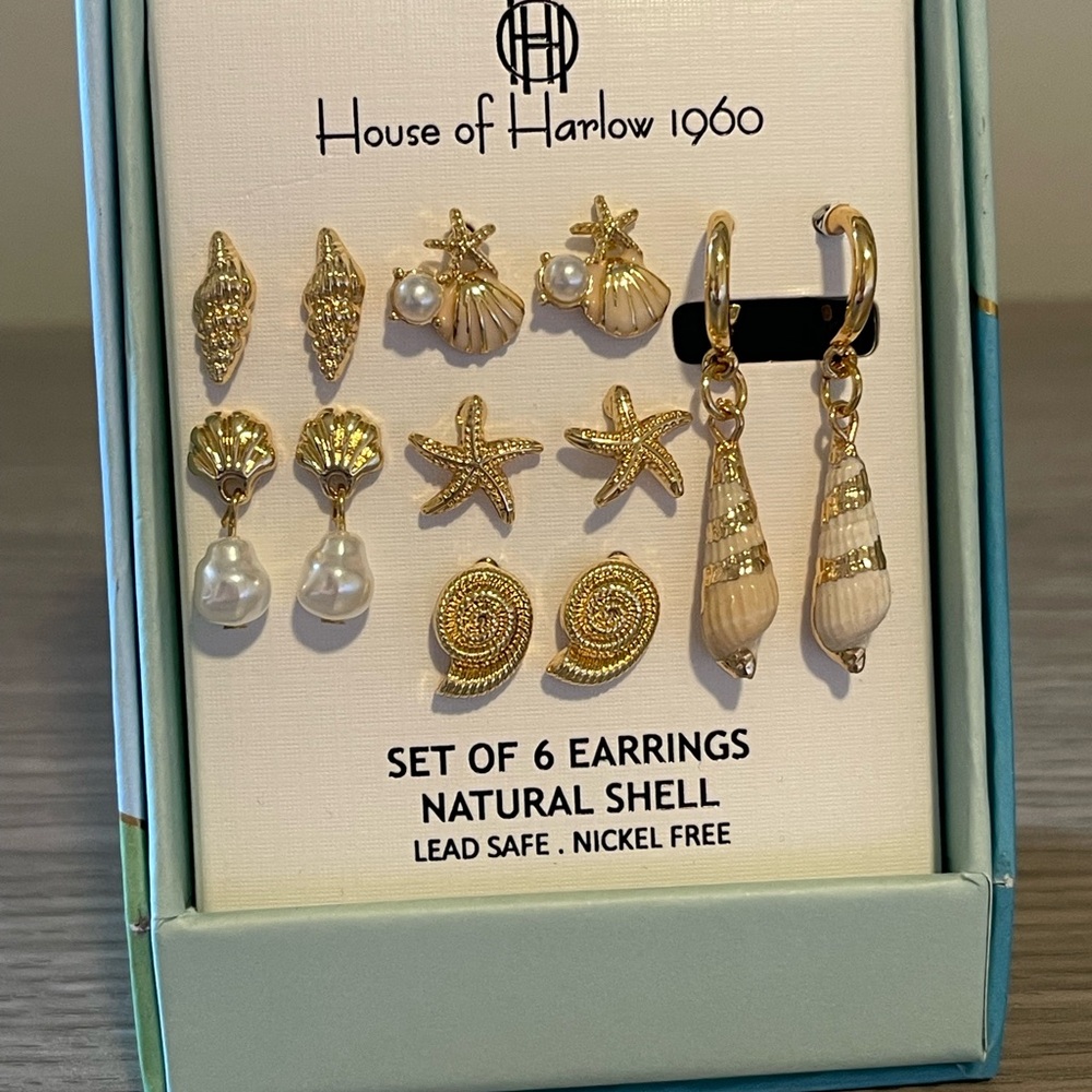 House of Harlow 1960 Gold and Natural Shell Earrings Set of 6